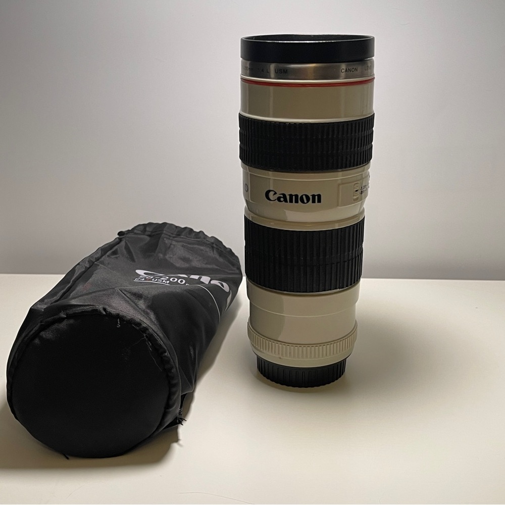 Canon 70-200mm lens mug travel coffee cup with dust bag